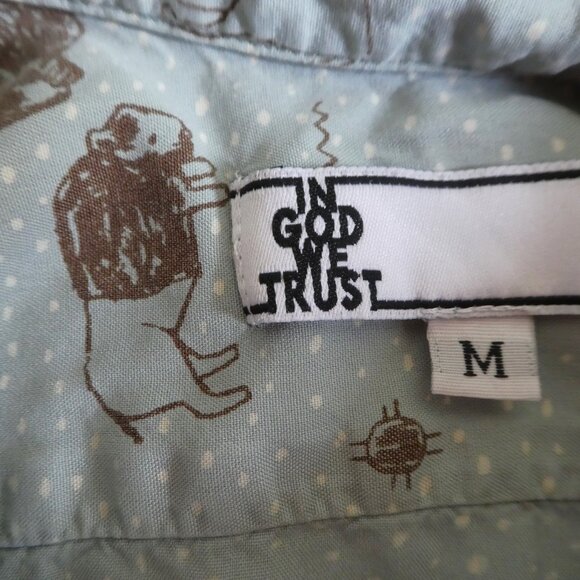 SiLK In God We Trust NYC Shirt Blouse Button Front Pale Green Cave Drawings USA - Picture 7 of 9